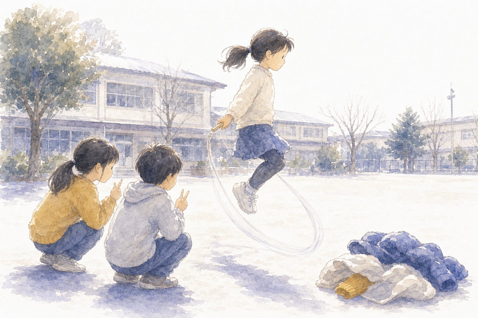 二重とびがとべた日。国語読解プリント『二重とびがとべた日』(4年・物語文)に合わせた水彩サムネイル。