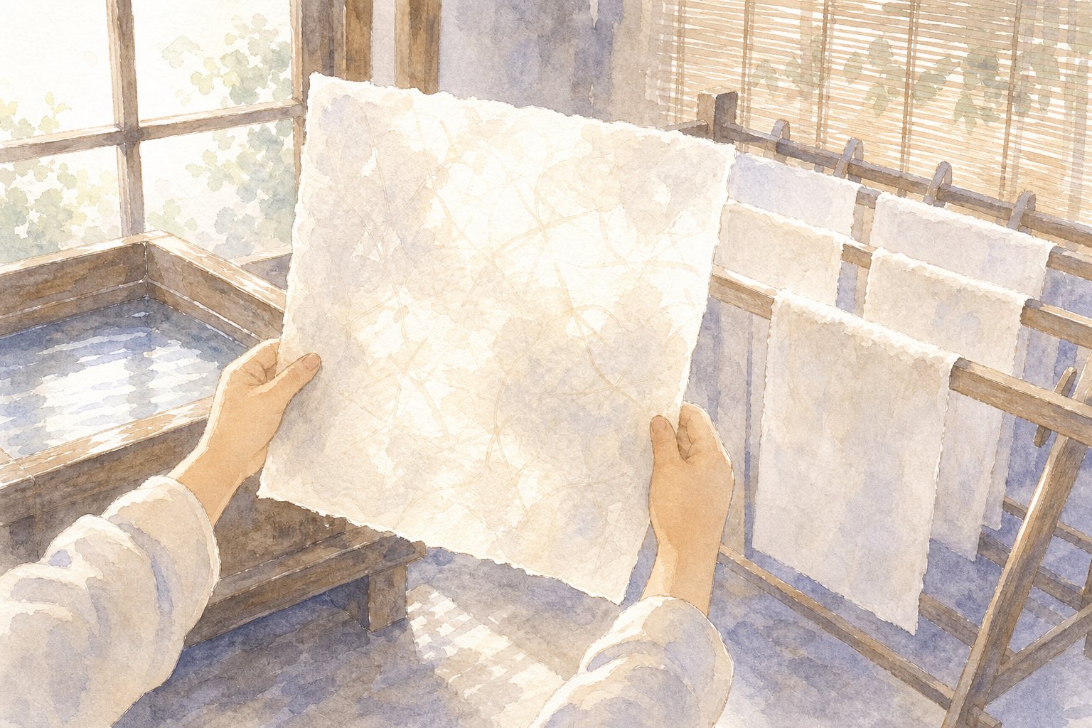 和紙のよさ。国語読解プリント『和紙のよさ』(4年・説明文・要約)に合わせた水彩サムネイル。