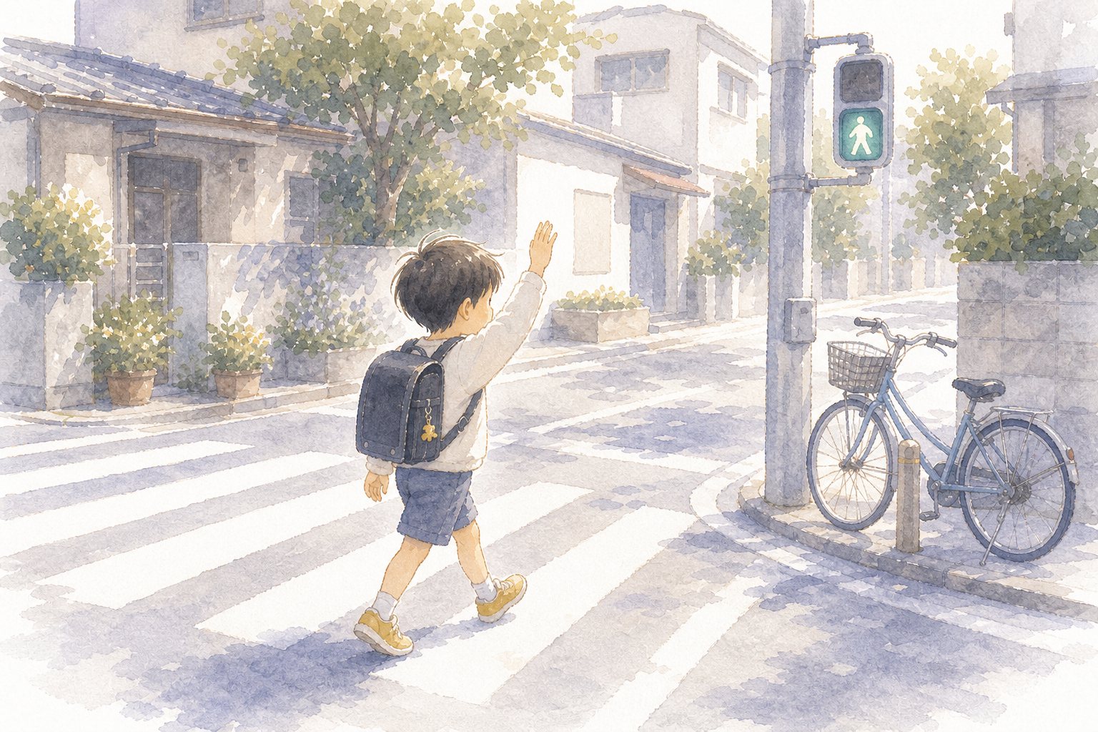 信号きの色の意味。国語読解プリント『信号きの色の意味』（4年・説明文・要約）に合わせた水彩サムネイル。