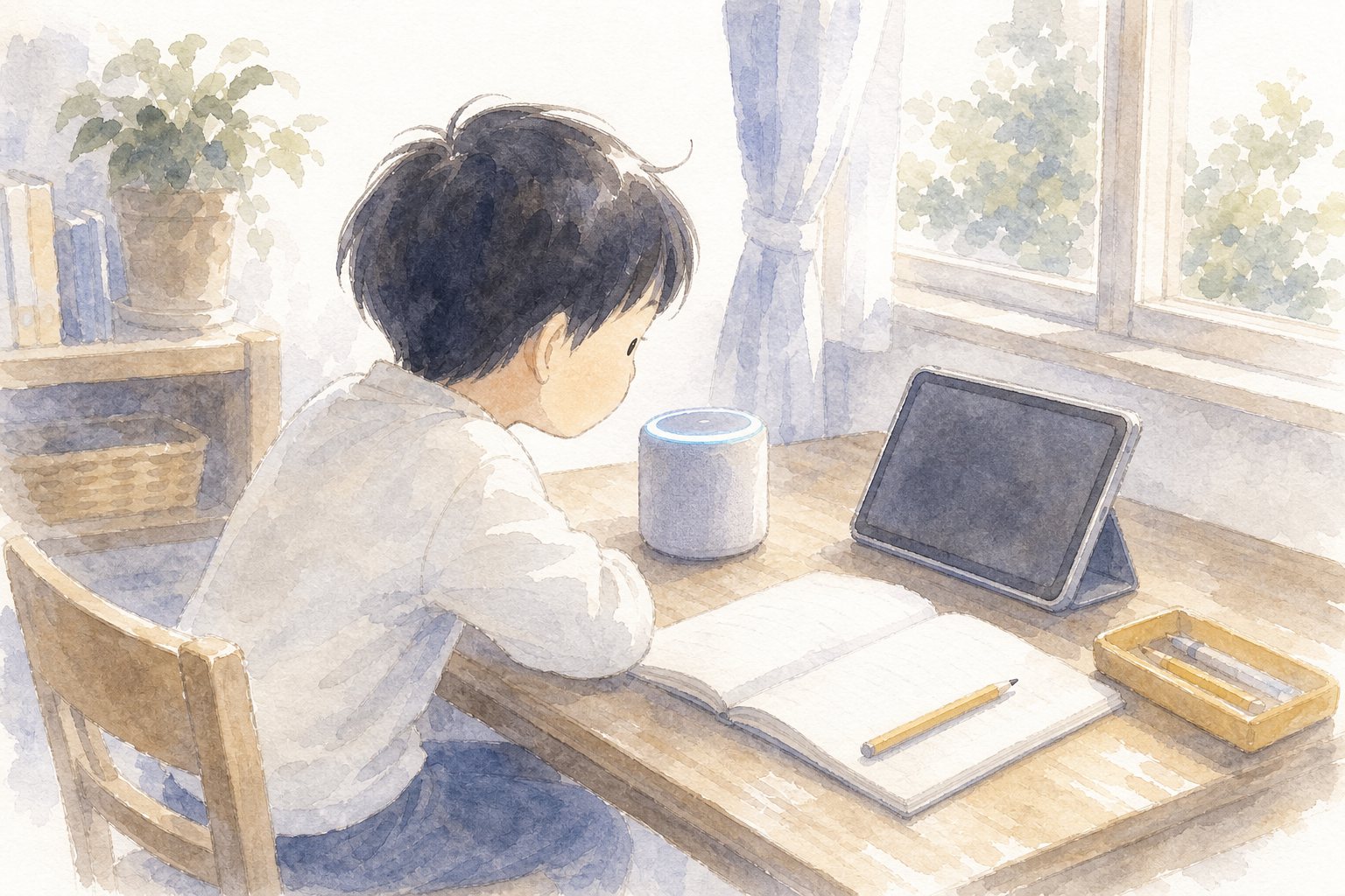 AIと私たちのくらし。国語読解プリント『AIと私たちのくらし』（5年・説明文）に合わせた水彩サムネイル。
