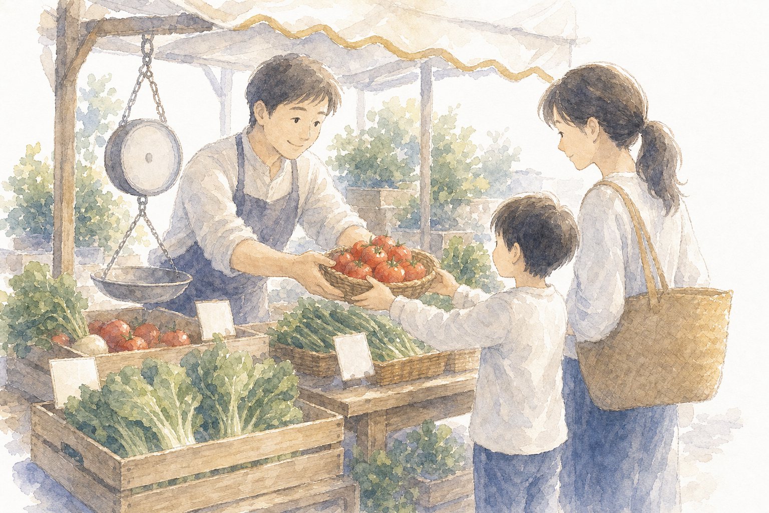 地産地消のよさ。国語読解プリント『地産地消のよさ』（5年・説明文）に合わせた水彩サムネイル。