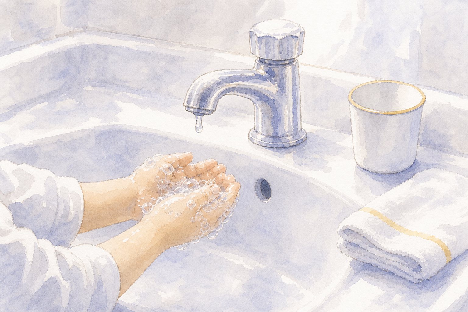 節水と水の循環。国語読解プリント『節水と水の循環』（5年・説明文）に合わせた水彩サムネイル。