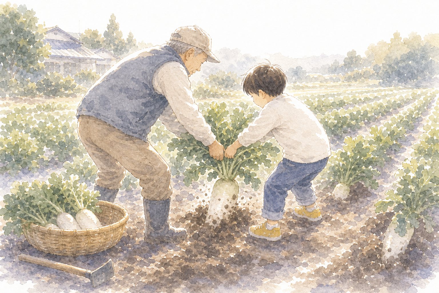 祖父の畑をつぐ。国語読解プリント『祖父の畑をつぐ』（5年・物語文）に合わせた水彩サムネイル。