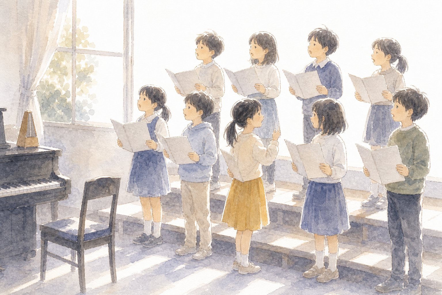 合唱コンクールの一票。国語読解プリント『合唱コンクールの一票』(5年・物語文)に合わせた水彩サムネイル。