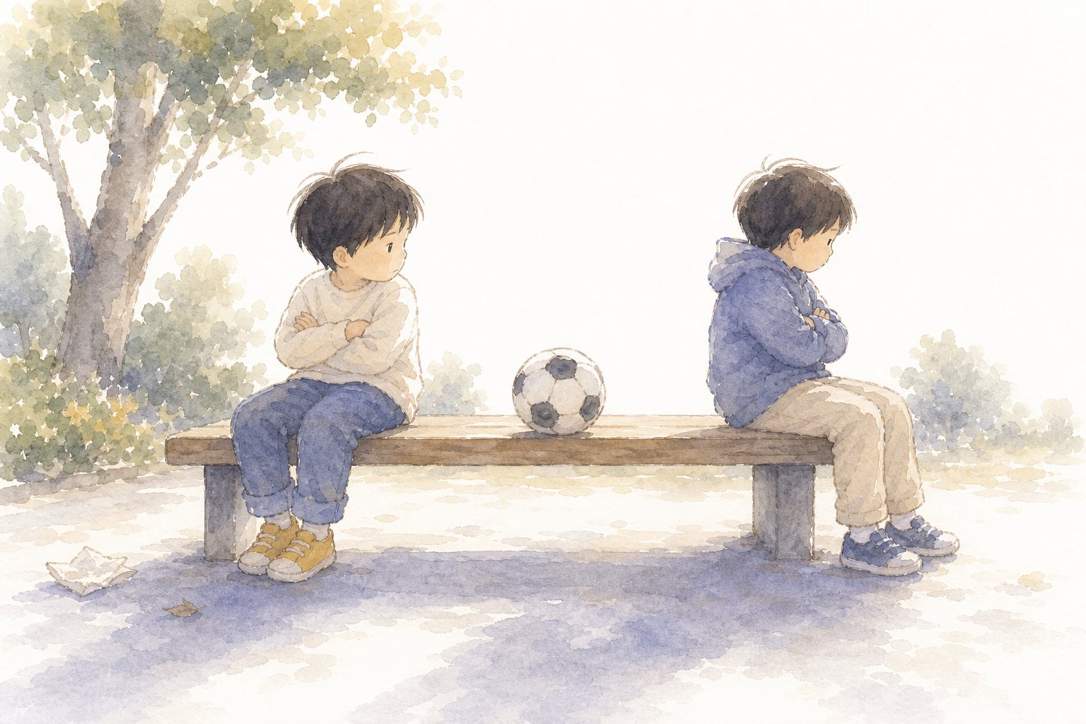けんかした親友。国語読解プリント『けんかした親友』（5年・物語文）に合わせた水彩サムネイル。