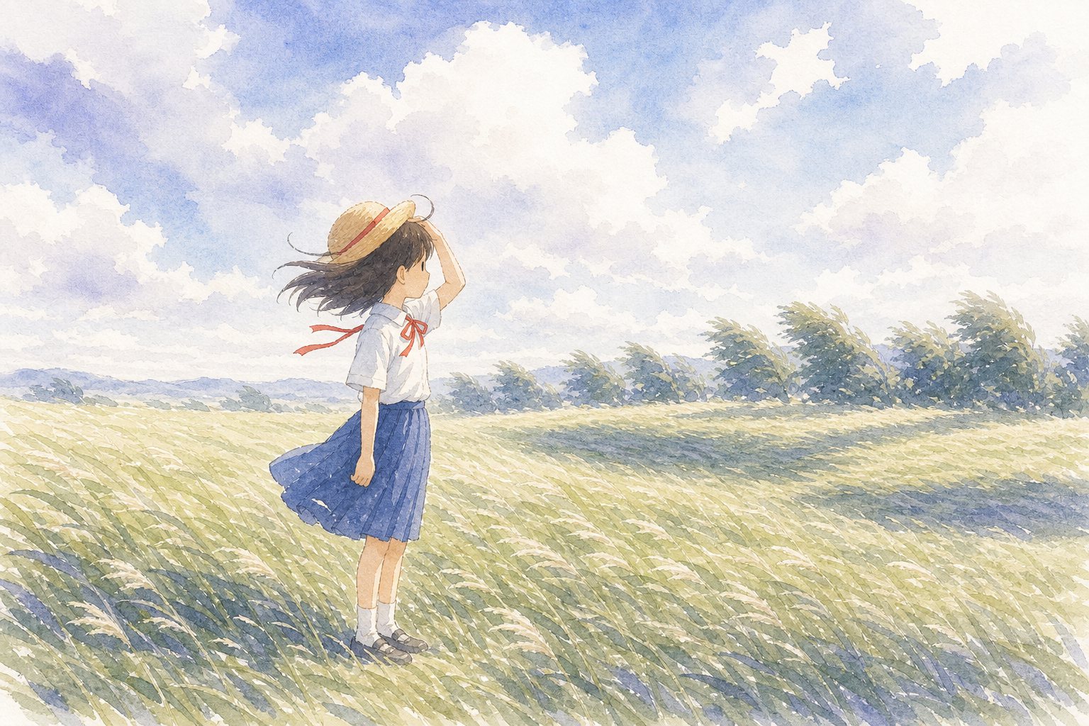 風。国語読解プリント『風』（5年・詩）に合わせた水彩サムネイル。