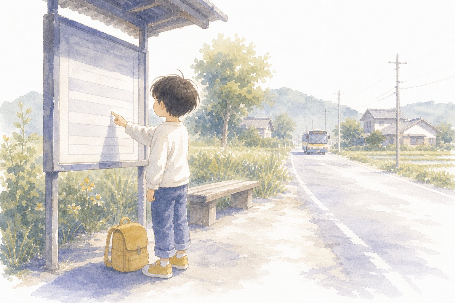 時刻表を読む。国語読解プリント『時刻表を読む』(5年・情報の読み取り)に合わせた水彩サムネイル。