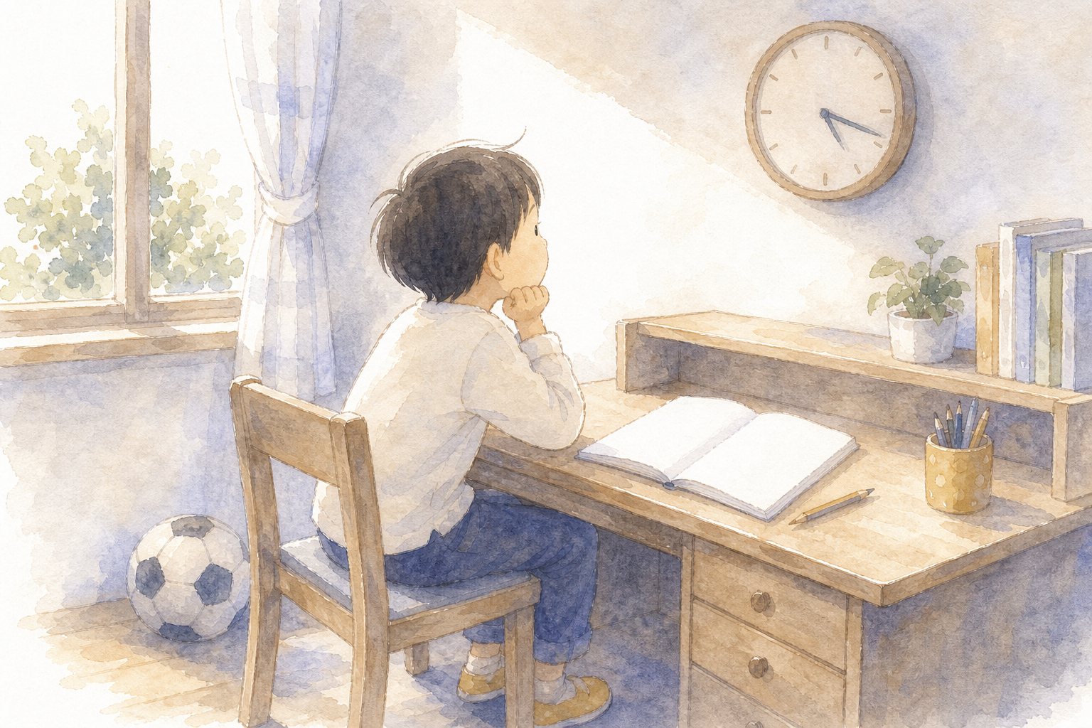 円グラフで見る一日の時間。国語読解プリント『円グラフで見る一日の時間』(5年・情報の読み取り)に合わせた水彩サムネイル。