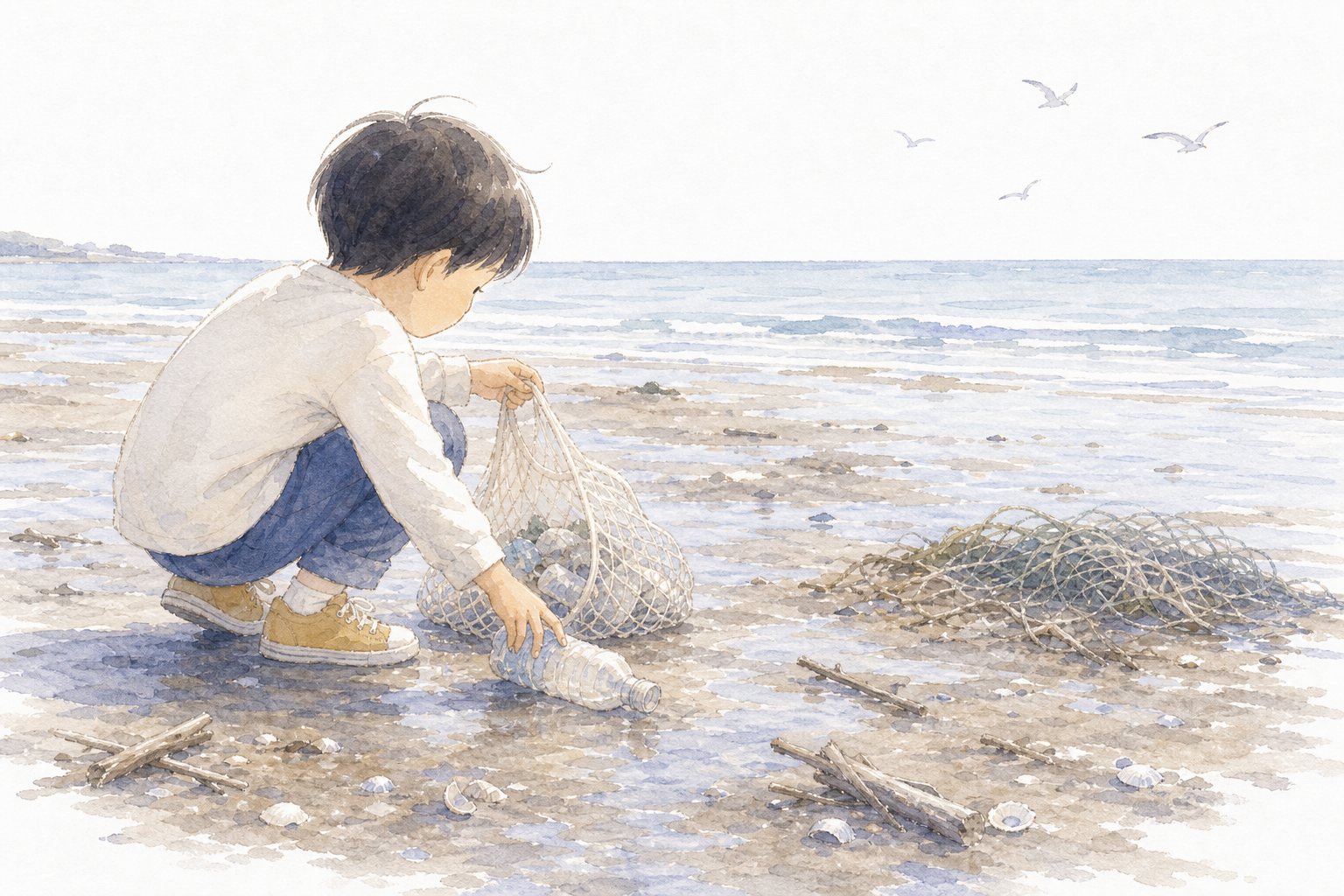 海のプラスチックごみ。国語読解プリント『海のプラスチックごみ』(6年・説明文)に合わせた水彩サムネイル。