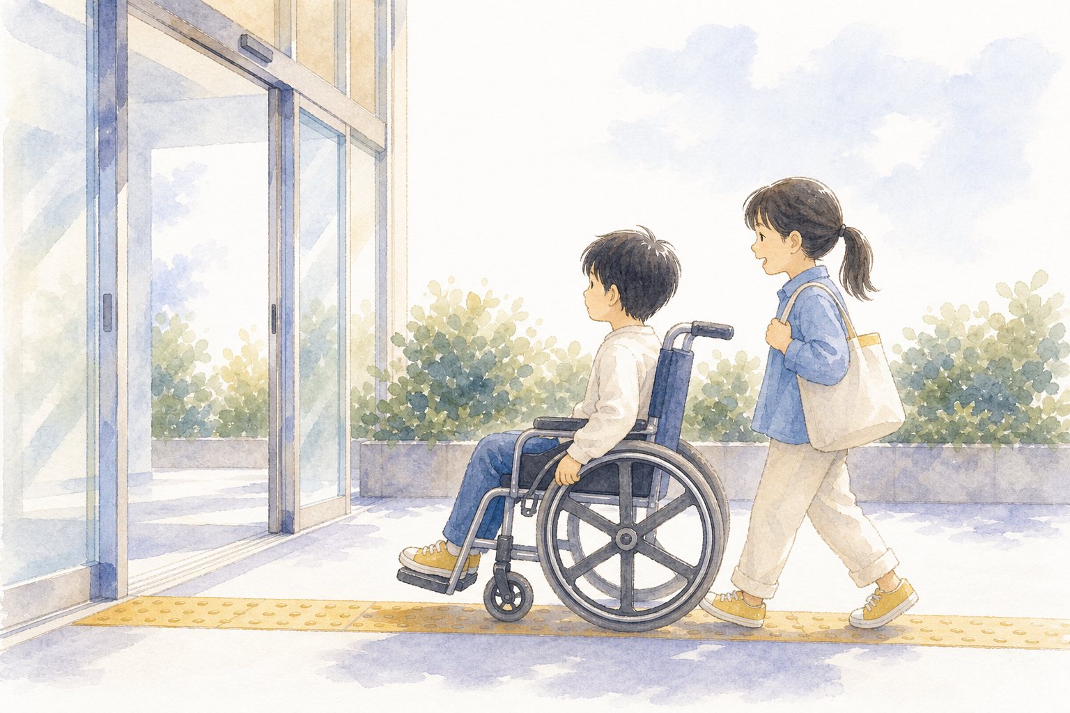 ユニバーサルデザイン。国語読解プリント『ユニバーサルデザイン』（6年・説明文）に合わせた水彩サムネイル。
