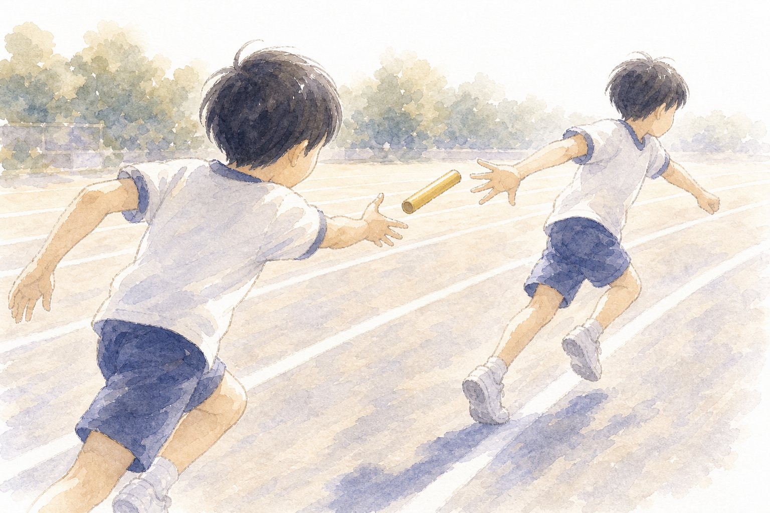 バトンをつなぐ。国語読解プリント『バトンをつなぐ』（6年・物語文）に合わせた水彩サムネイル。