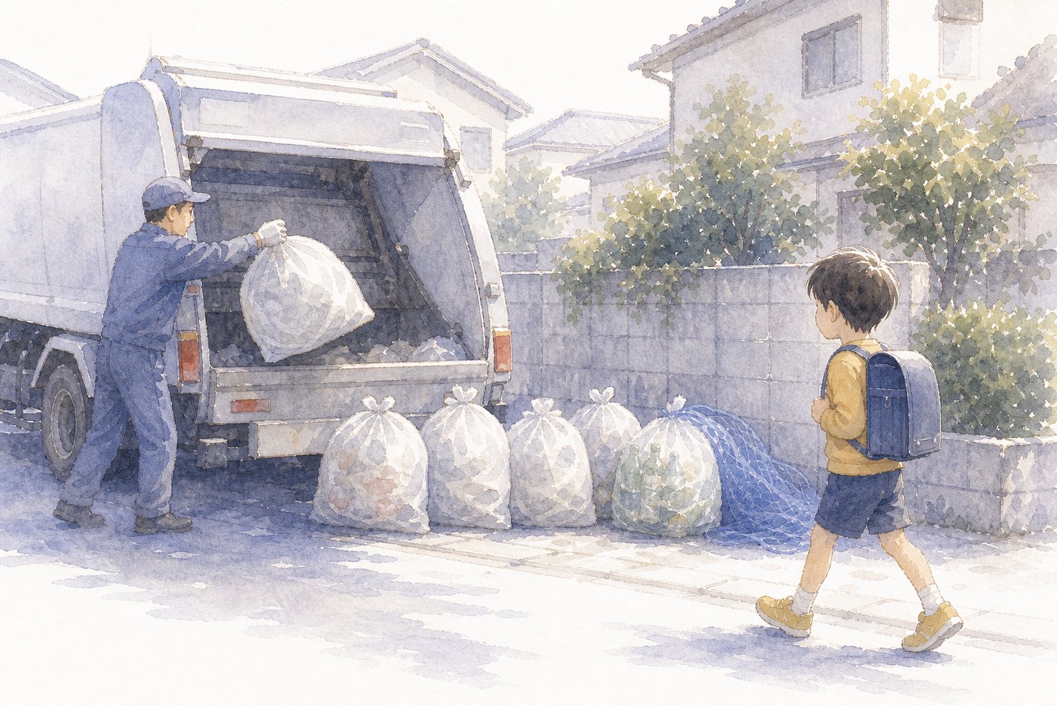グラフで見るごみの量。国語読解プリント『グラフで見るごみの量』（6年・情報の読み取り）に合わせた水彩サムネイル。