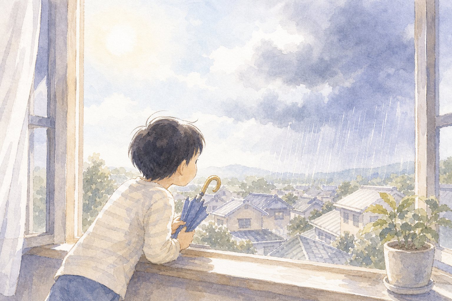 天気予報の言葉を読み取る。国語読解プリント『天気予報の言葉を読み取る』(6年・情報の読み取り)に合わせた水彩サムネイル。