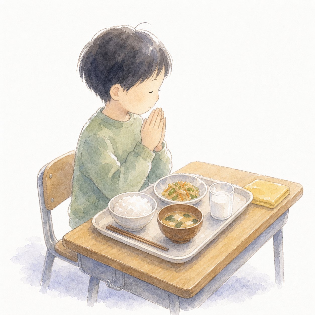 いただきます（水彩）。給食の前に手を合わせる子ども。一人分の配膳がそろう。