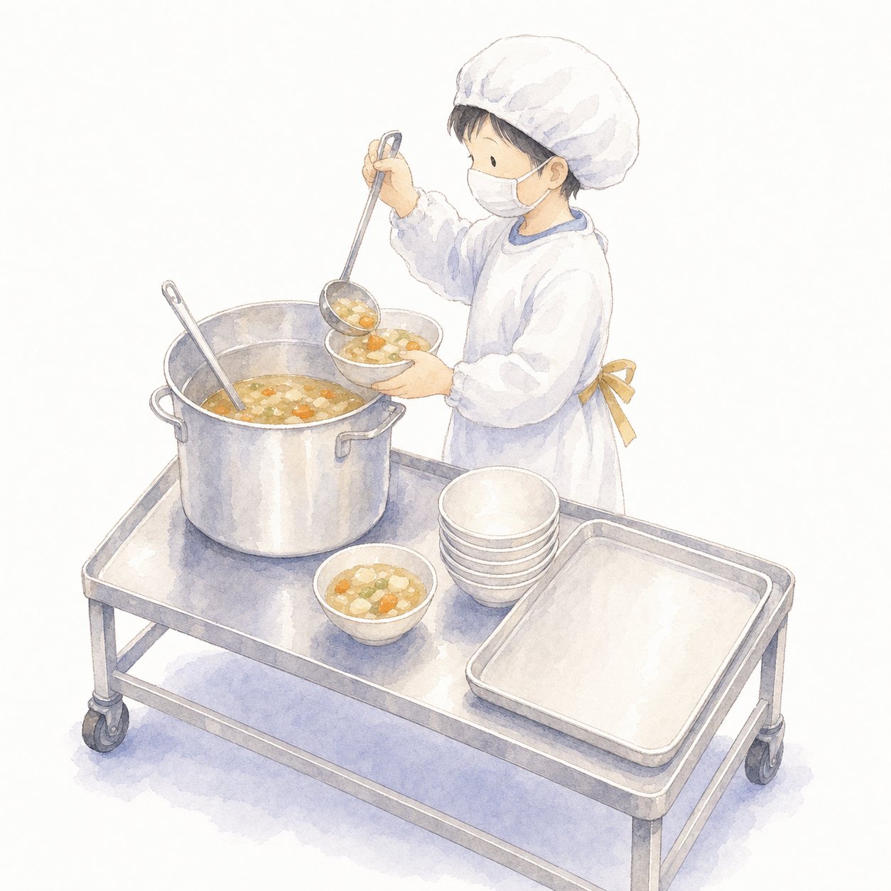 給食当番（水彩）。白衣・帽子・マスクで配膳する給食当番の子ども。