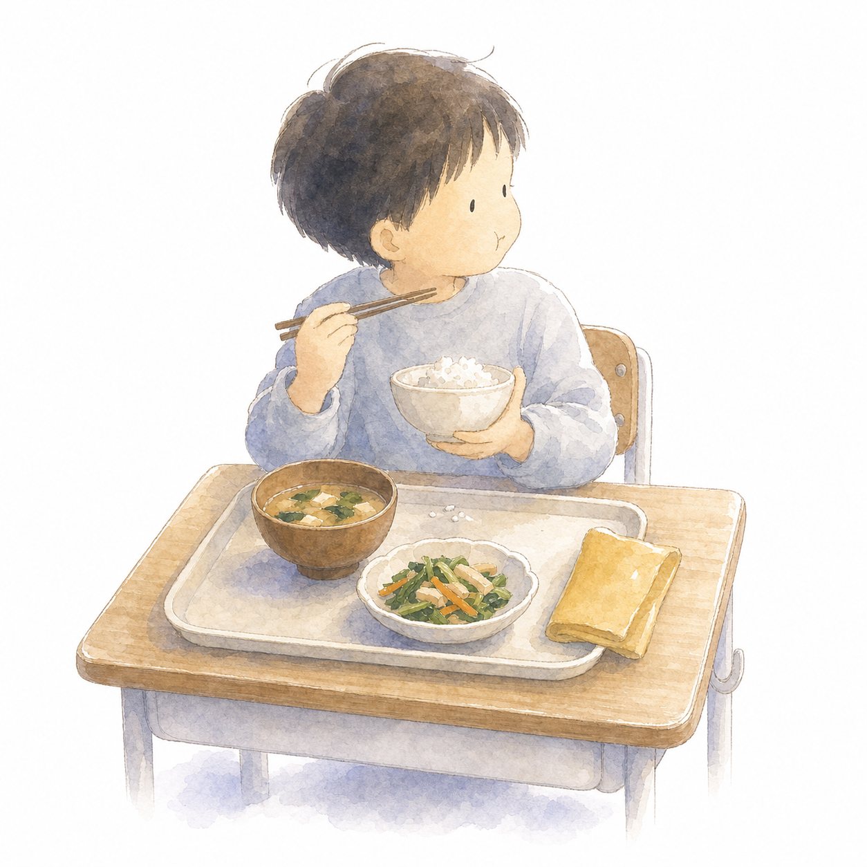 よくかんで食べる(水彩)。お茶碗を持ってよくかんで食べる子ども。