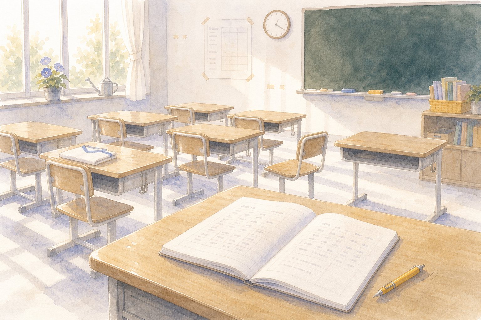 放課後の教室と座席表ノート。誰もいない放課後の教室。教卓に開いた座席ノートと置かれたばかりのシャープペン。