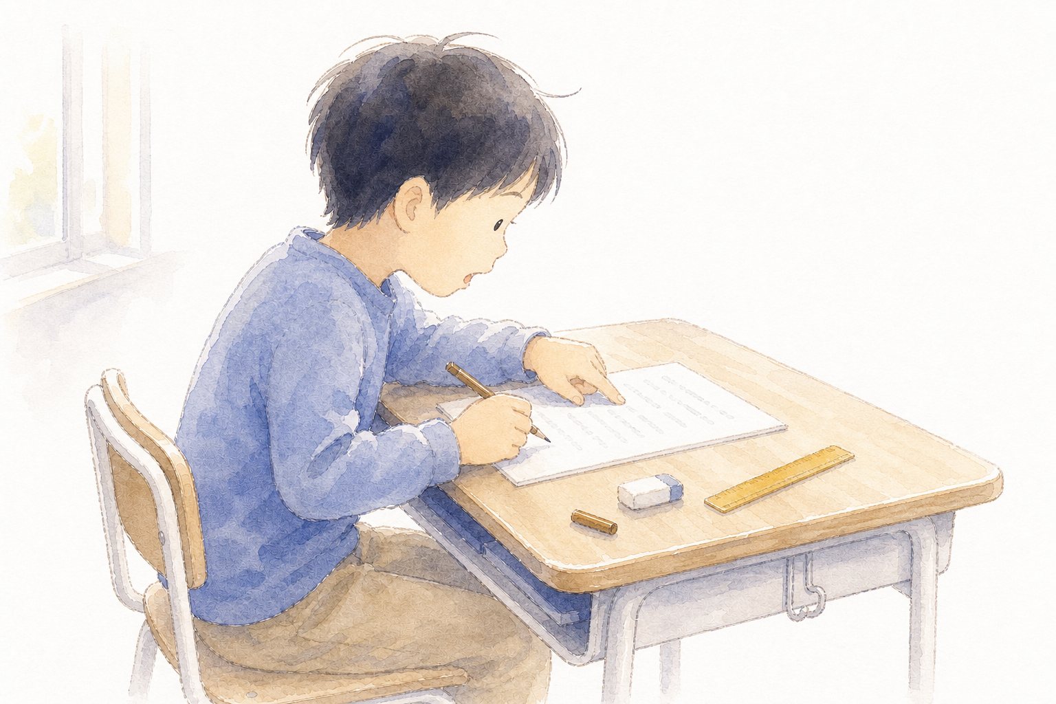 指でなぞって問題文を読む子。プリントの行を指でなぞりながら小さくつぶやいて読む子どもの横顔の水彩画。