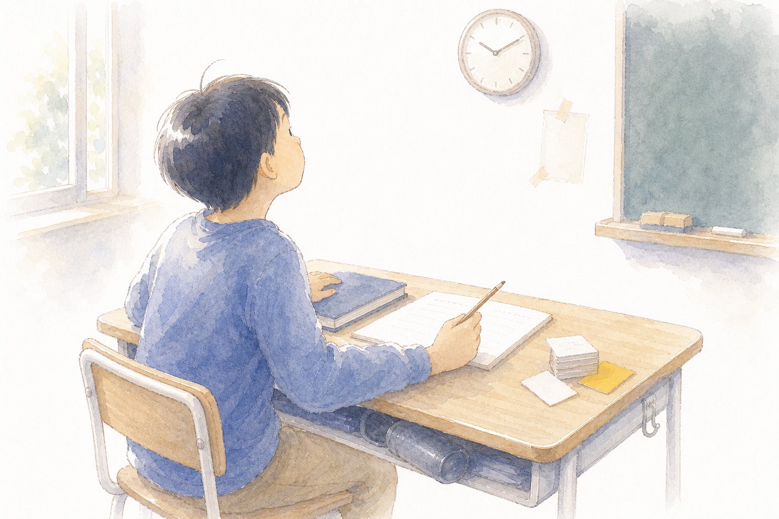 閉じた教科書で思い出そうとする子。教科書を閉じて天井を見上げ、思い出そうとしている子どもの水彩画。机の隅にめくったカードの束。