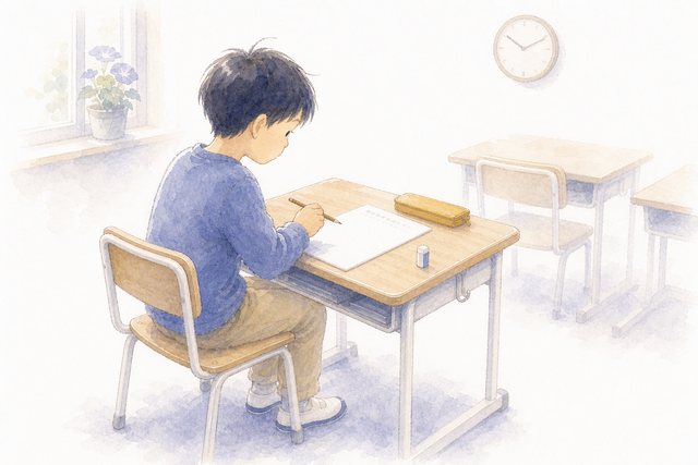 白いプリントの前で鉛筆が止まる子