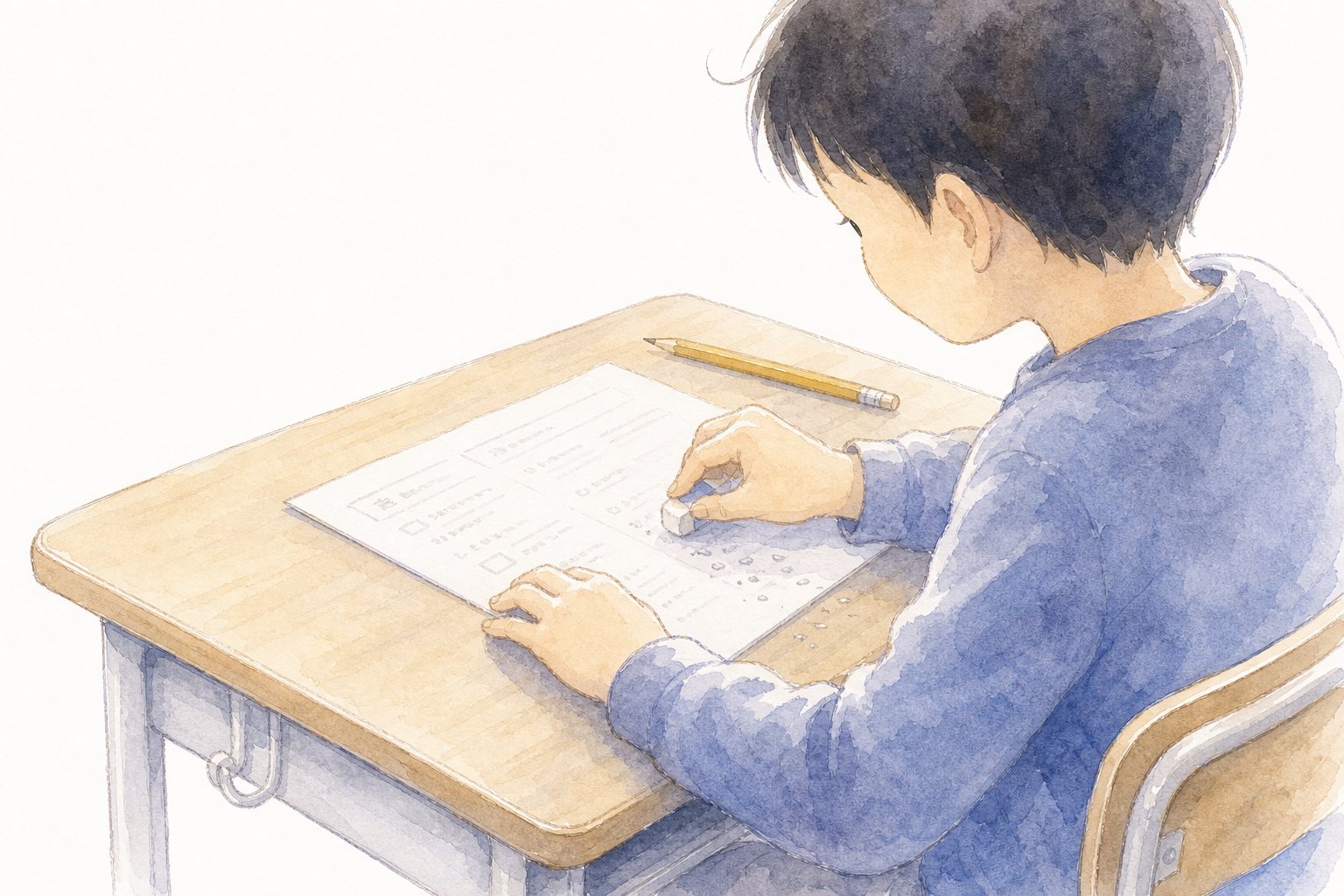 消しゴムで直す手元と消しカス。答案を消しゴムで直す子どもの手元。消しカスが散らばる机の水彩画。