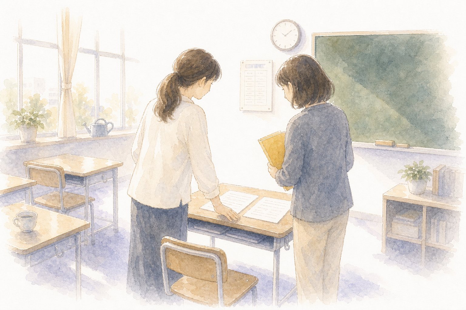 放課後にプリントを挟んで相談する先生ふたり。夕方の教室で、2枚のプリントを並べて相談する2人の先生の後ろ姿の水彩画。