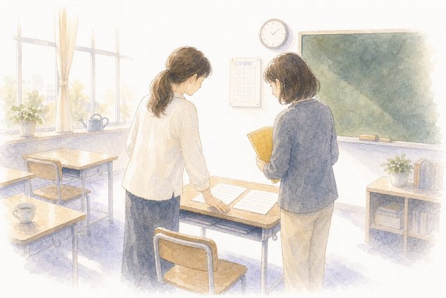 放課後にプリントを挟んで相談する先生ふたり