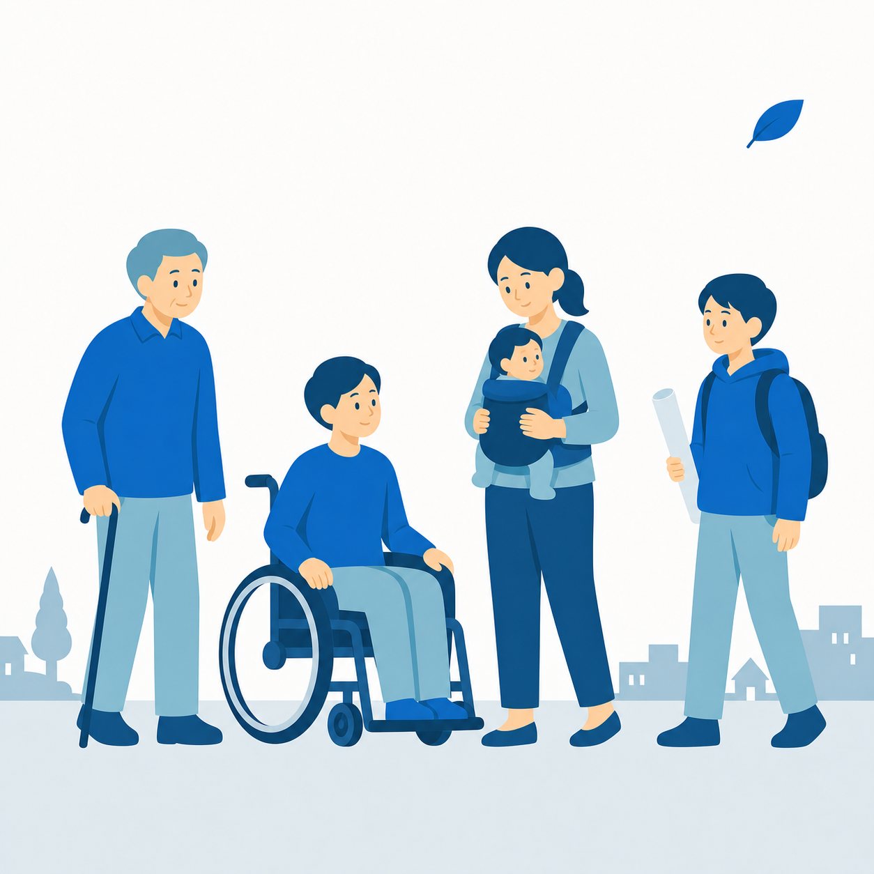 いろいろな人がならぶ（フラット）。高れい者、車いすの人、赤ちゃんをだいた人、子どもが横にならんだイラスト。