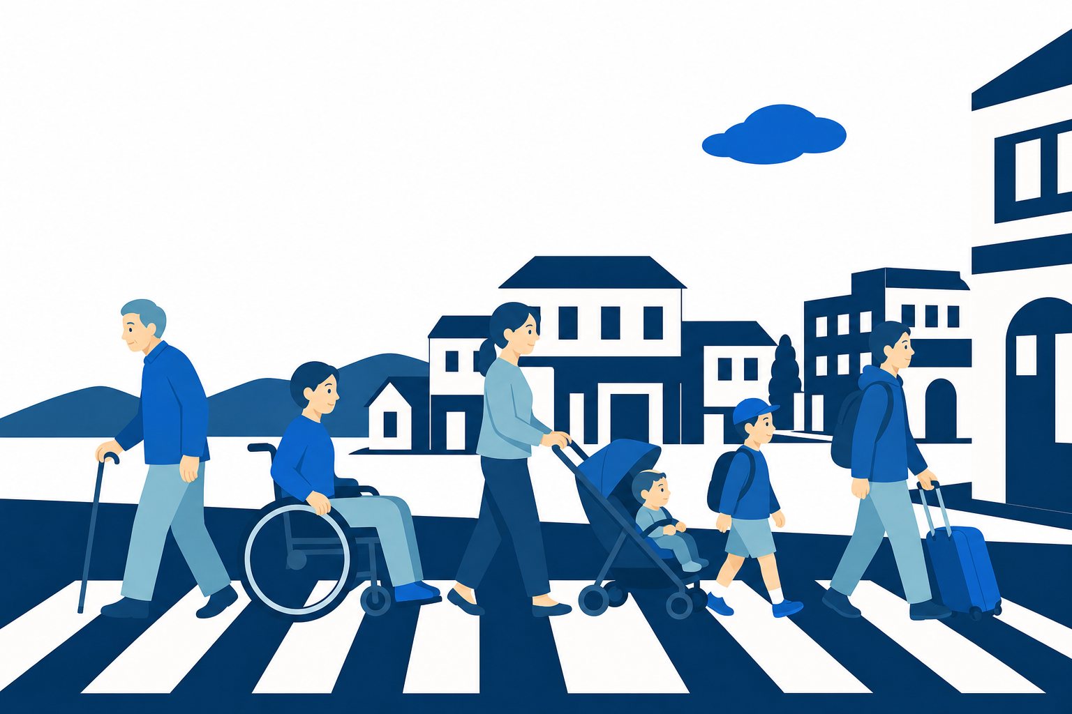いろいろな人が行きかう横断歩道（フラット）。車いすの人、ベビーカー、つえの人、子どもが行きかう横断歩道の横長イラスト。