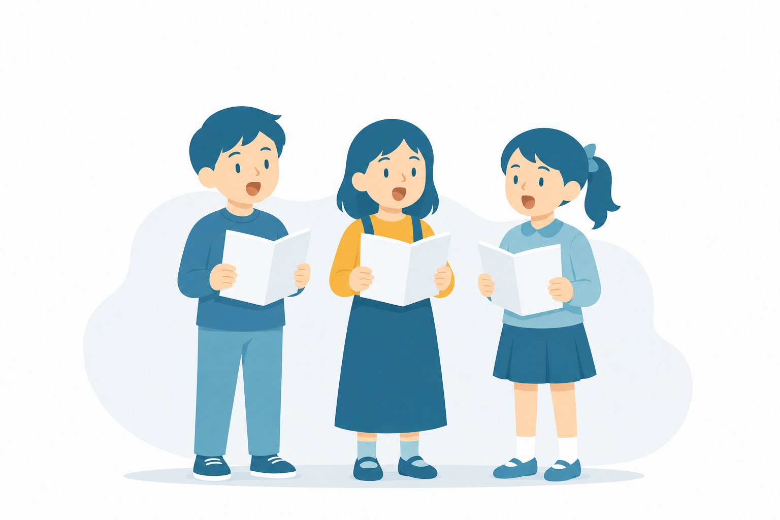 合唱する子どもたち。楽譜を持って合唱する3人の子どものフラットイラスト。