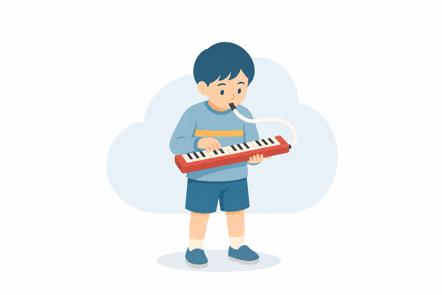 けんばんハーモニカをふく子ども。けんばんハーモニカ(ピアニカ)をふく子どものフラットイラスト。