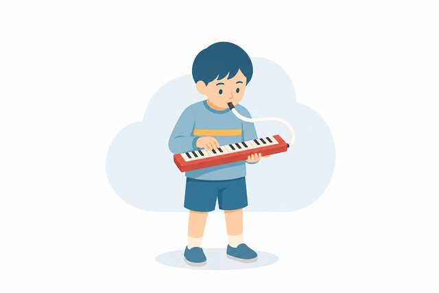 けんばんハーモニカをふく子ども