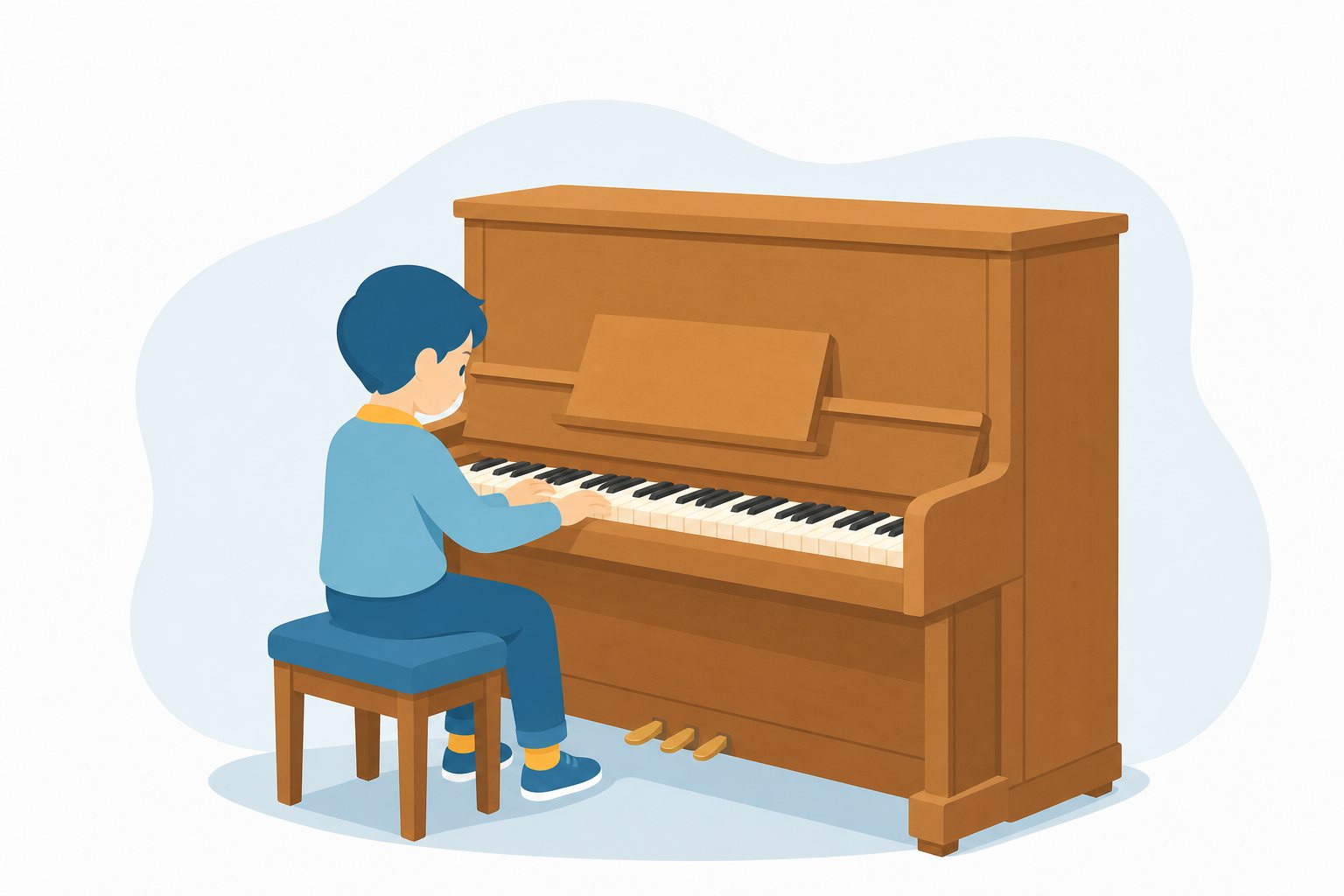 ピアノをひく子ども。アップライトピアノをひく子どものフラットイラスト。