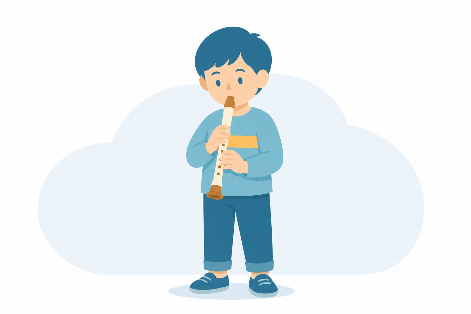 リコーダーをふく子ども。ソプラノリコーダーをふく子どものフラットイラスト。