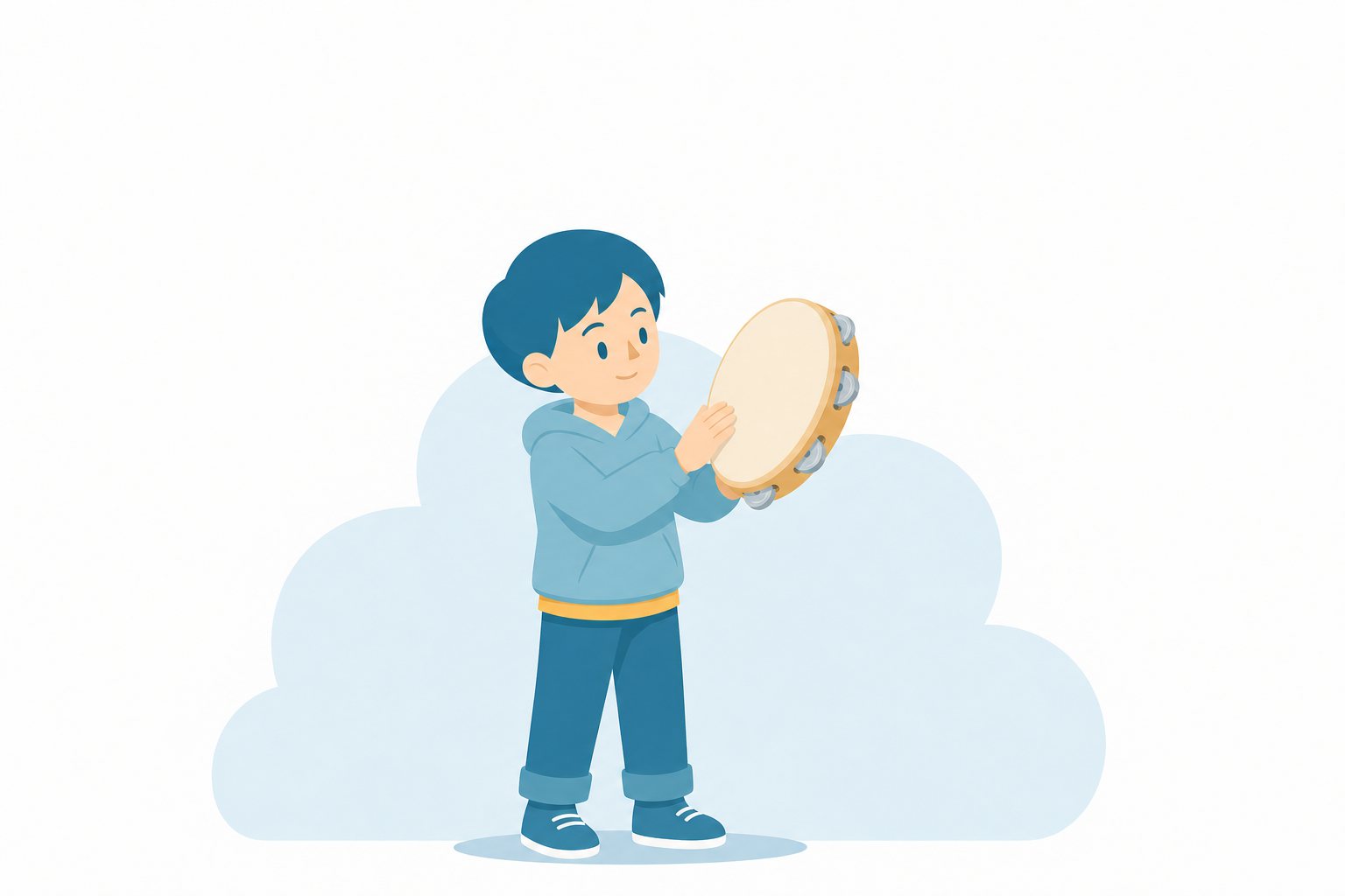 タンバリン。タンバリンを鳴らす子どものフラットイラスト。