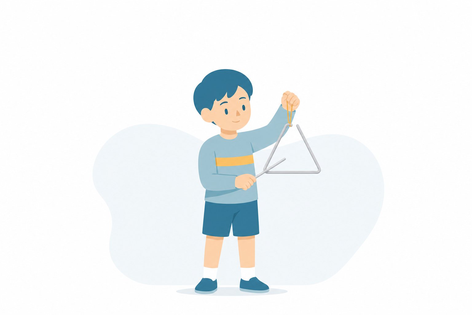 トライアングル。ビーターでトライアングルを鳴らす子どものフラットイラスト。