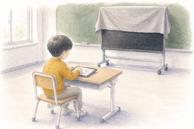 ひとりでタブレットに描く子と、布をかけた電子黒板