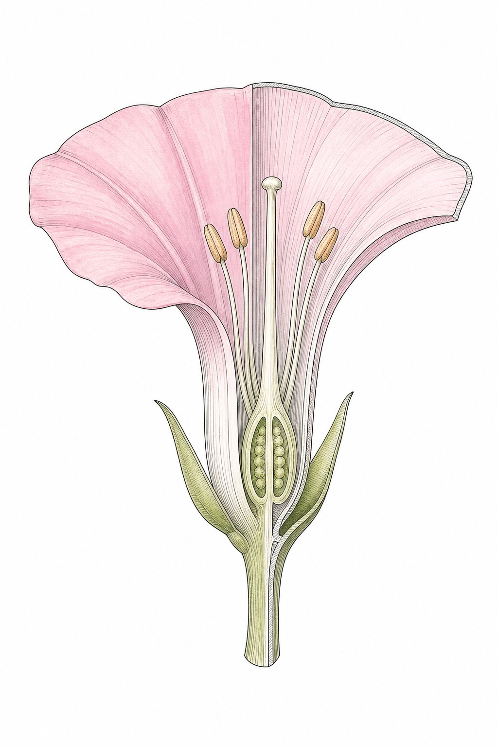 花のつくり（たてに切った図）。めしべ・おしべ・花びら・がくが分かるように、花をたてに切った図。