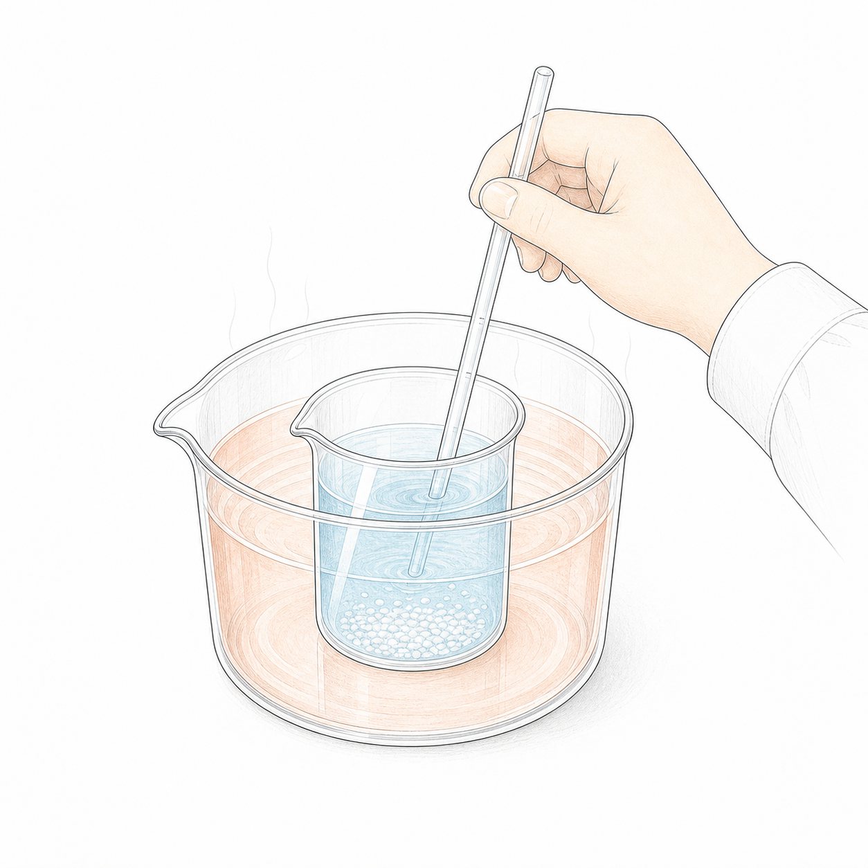 湯せんであたためてとかす。湯せんであたためてミョウバンをとかす。炎を使わない(あたためる)点がポイント。
