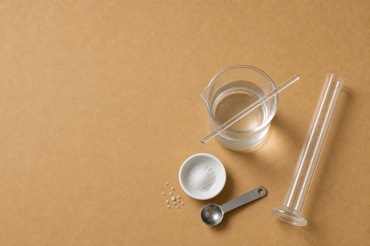 「物のとけ方」道具の俯瞰（表紙用）。ビーカー・ガラス棒・食塩・メスシリンダーをクラフト紙に並べた俯瞰。左に余白。
