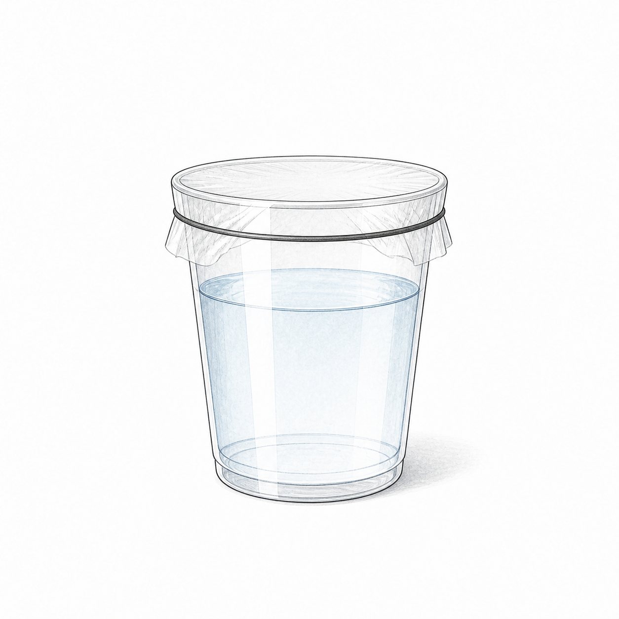 ラップをかけた容器の水。透明な容器に水を入れ、上をラップでおおって輪ゴムでとめた図。
