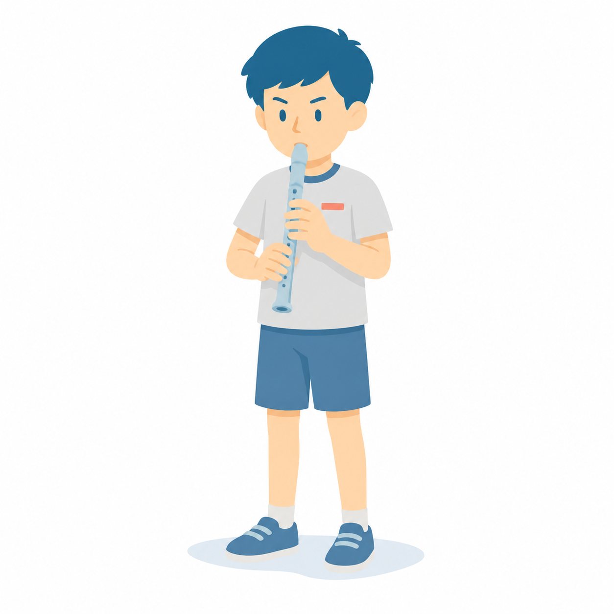 小学生・リコーダーをふく子。ソプラノリコーダーを吹く男の子。輪郭線なしのフラットイラスト。小学生の活動場面シリーズ（私服・体操服・白衣）。