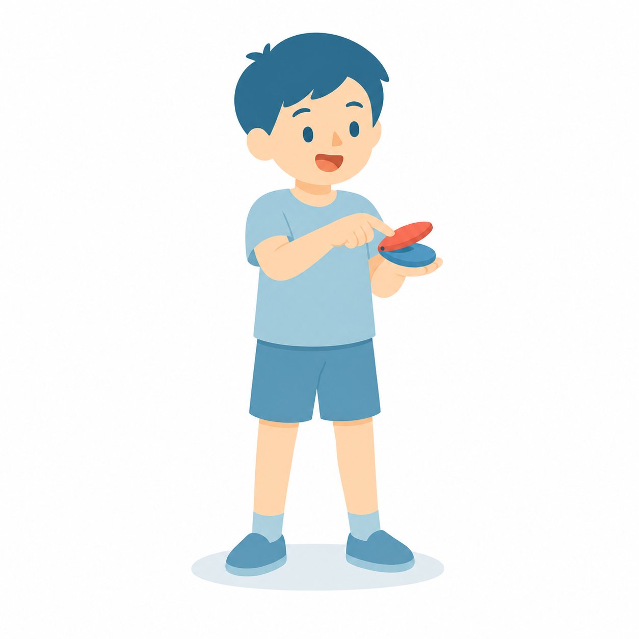 小学生・カスタネットをたたく子。カスタネットでリズム打ちする1年生。輪郭線なしのフラットイラスト。小学生の活動場面シリーズ（私服・体操服・白衣）。