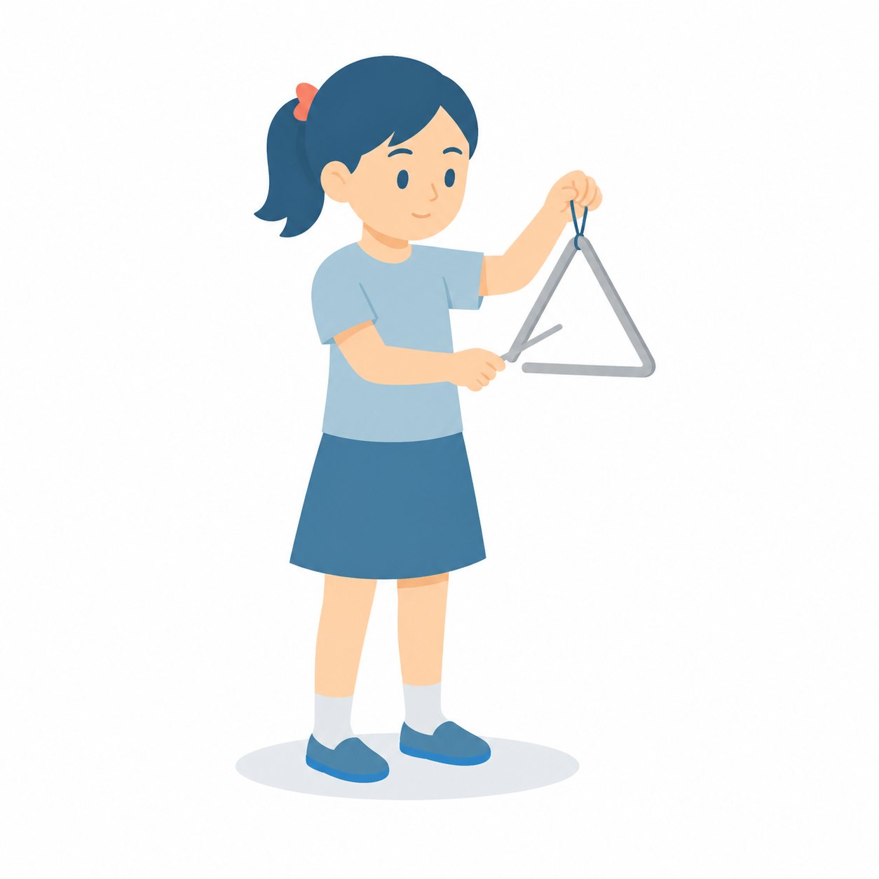 小学生・トライアングルをならす子。トライアングルを鳴らす女の子。輪郭線なしのフラットイラスト。小学生の活動場面シリーズ（私服・体操服・白衣）。