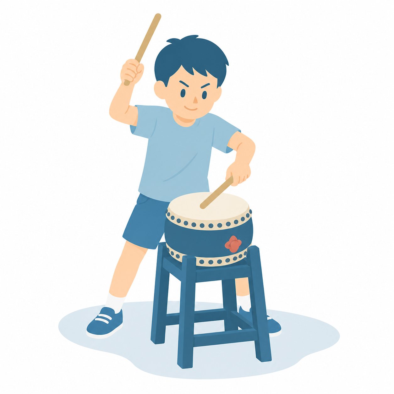 小学生・たいこをたたく子。小太鼓をたたく男の子。輪郭線なしのフラットイラスト。小学生の活動場面シリーズ（私服・体操服・白衣）。