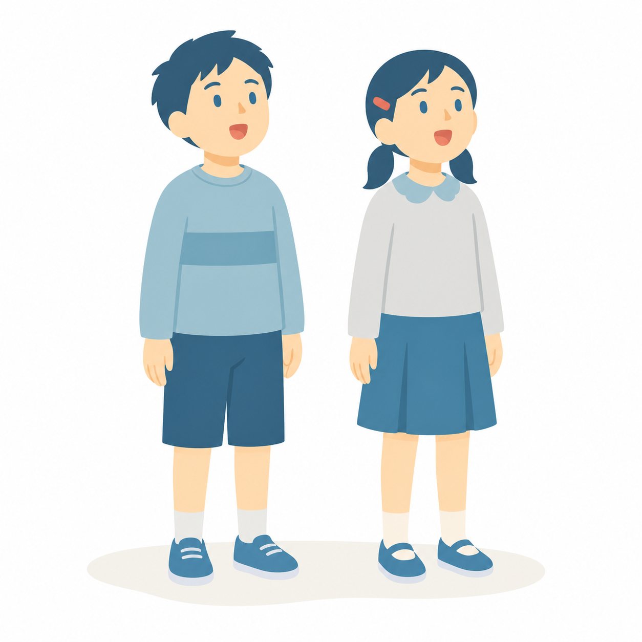小学生・歌う子どもたち。並んで歌う2人。輪郭線なしのフラットイラスト。小学生の活動場面シリーズ（私服・体操服・白衣）。