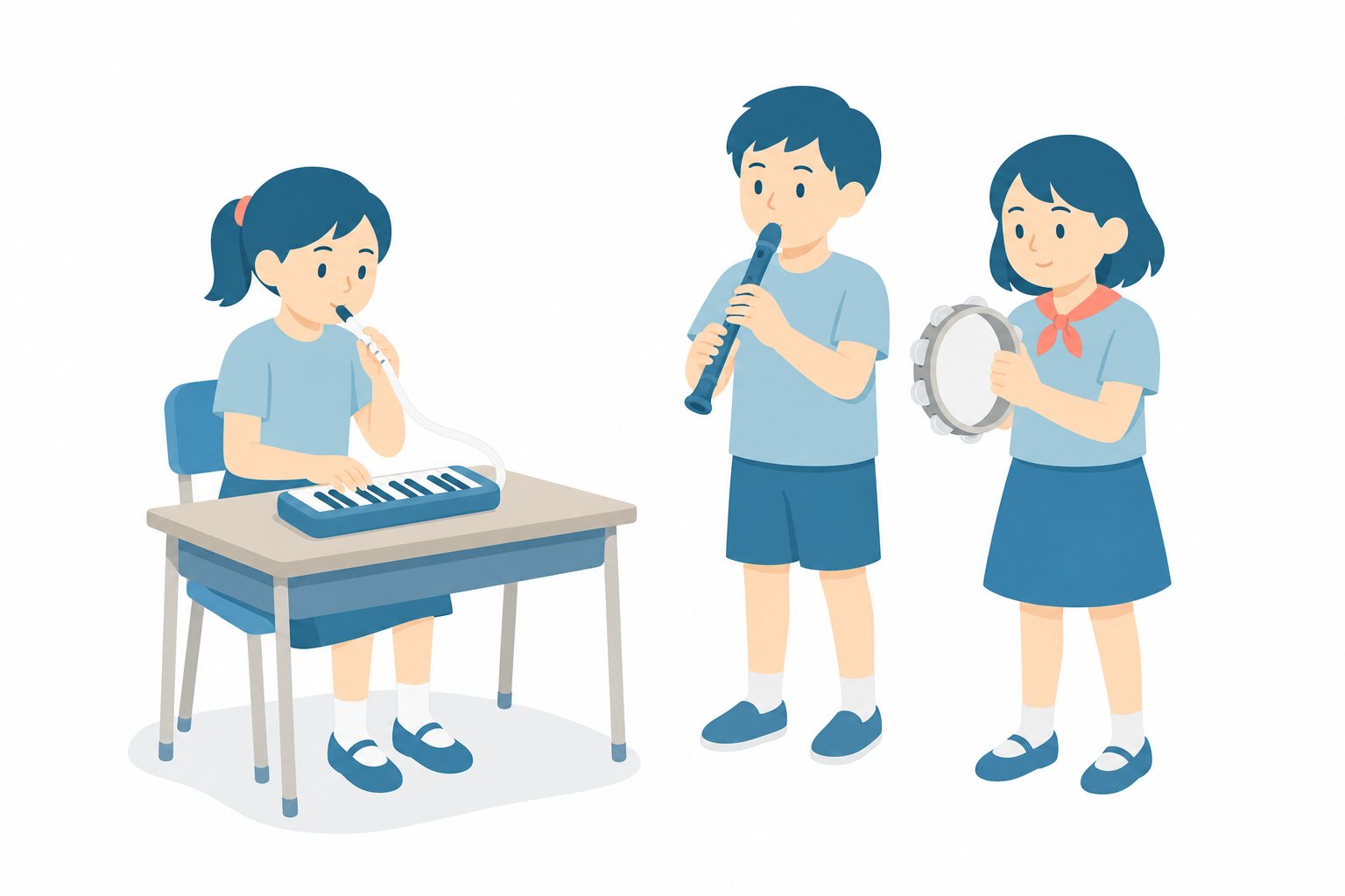 小学生・がっそうする3人。けんばんハーモニカ・リコーダー・タンバリンの合奏。輪郭線なしのフラットイラスト。小学生の活動場面シリーズ（私服・体操服・白衣）。