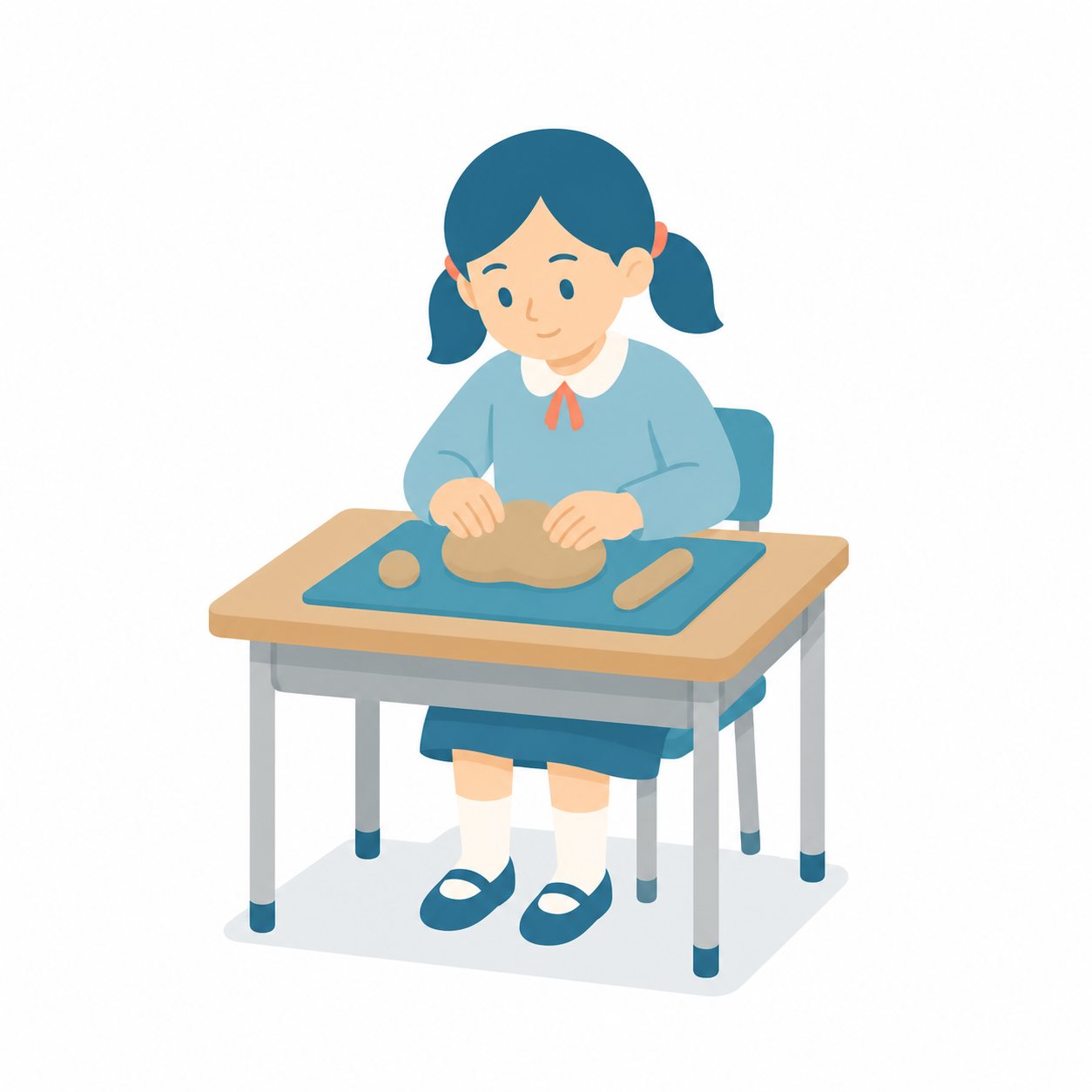 小学生・ねん土をつくる子。粘土で形をつくる女の子。輪郭線なしのフラットイラスト。小学生の活動場面シリーズ（私服・体操服・白衣）。