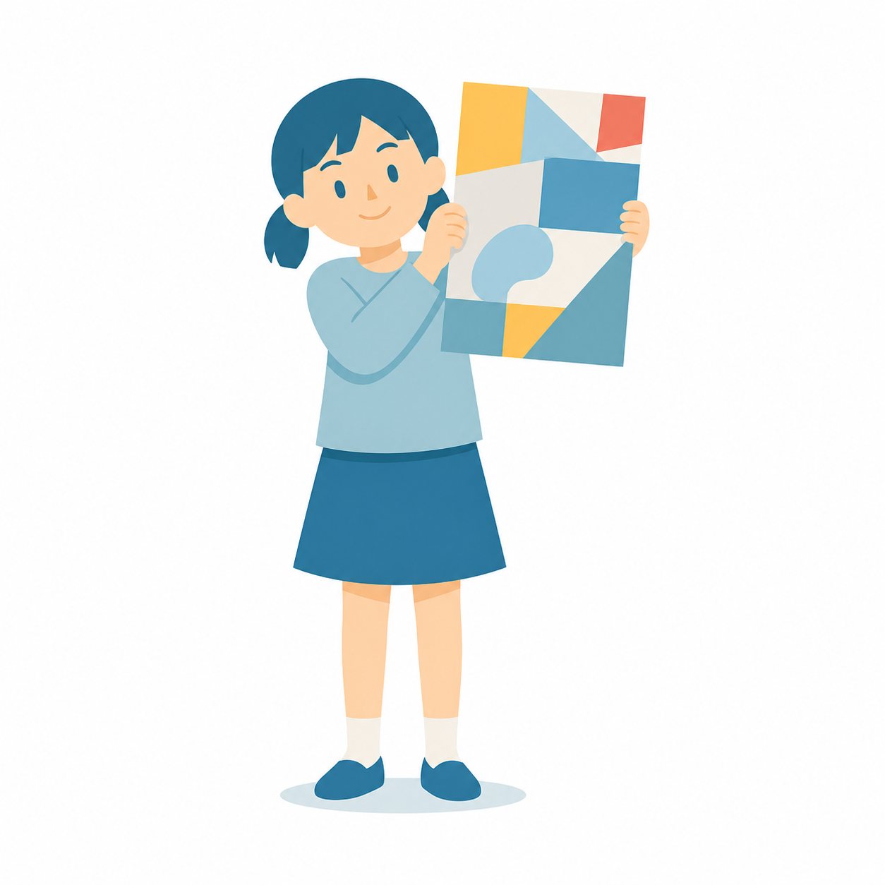小学生・かいた絵を見せる子。完成した絵を見せる女の子。輪郭線なしのフラットイラスト。小学生の活動場面シリーズ（私服・体操服・白衣）。