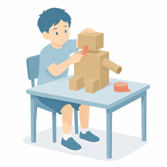 小学生・空きばこで工作する子
